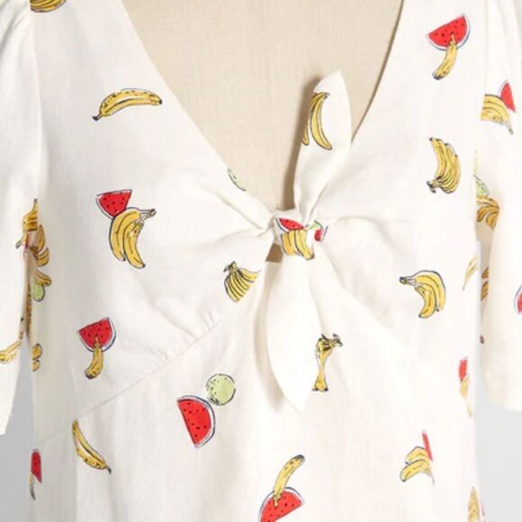ModCloth M Ivory Red Yellow Pack a Picnic Fruit Print Short Sleeve Tie Front Top - Picture 5 of 10